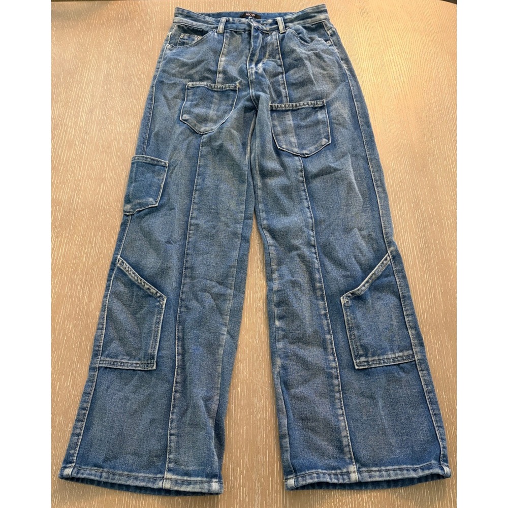 MICAS Women's Medium Blue Denim Cargo Jeans Wide Leg Patchwork Pocket Y2K